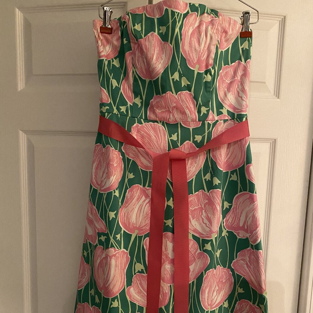 Lilly Pulitzer Women's Towering Tulips Pink Green Strapless Dress Size 8
